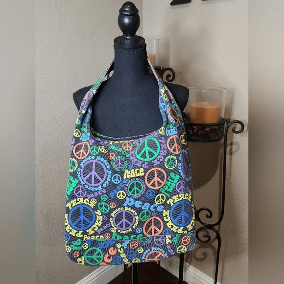 777 Lucky Brand Black With Multi-colored "Peace" Canvas Hobo Tote - Picture 2 of 7